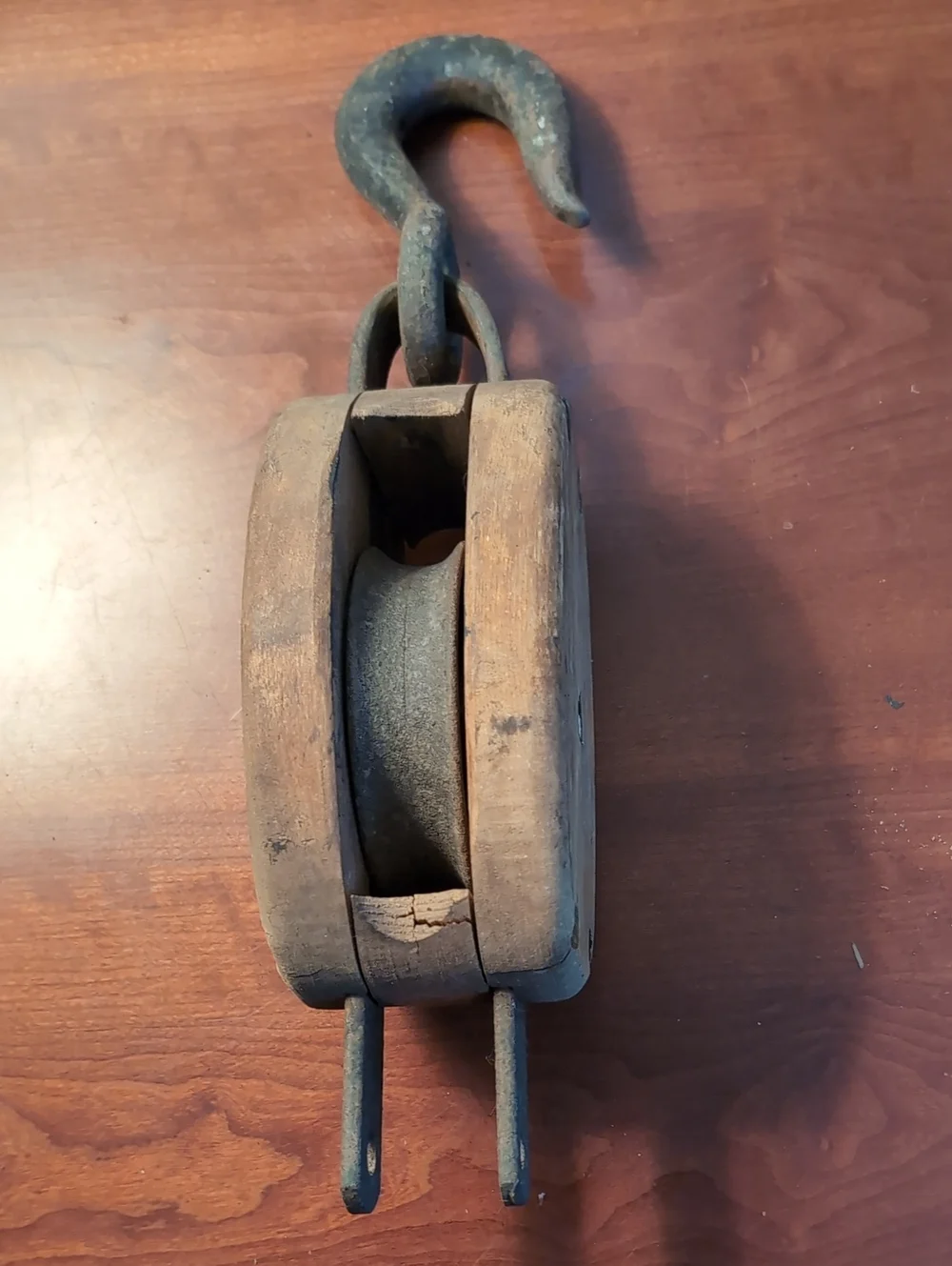 Vintage Wooden Pulley with Iron Hardware - Brown